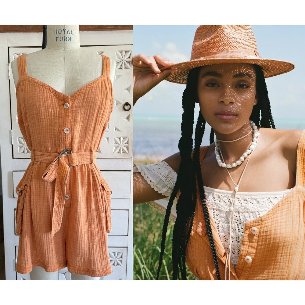 New ANTHROPOLOGIE Gauzy Utility Romper Peach M